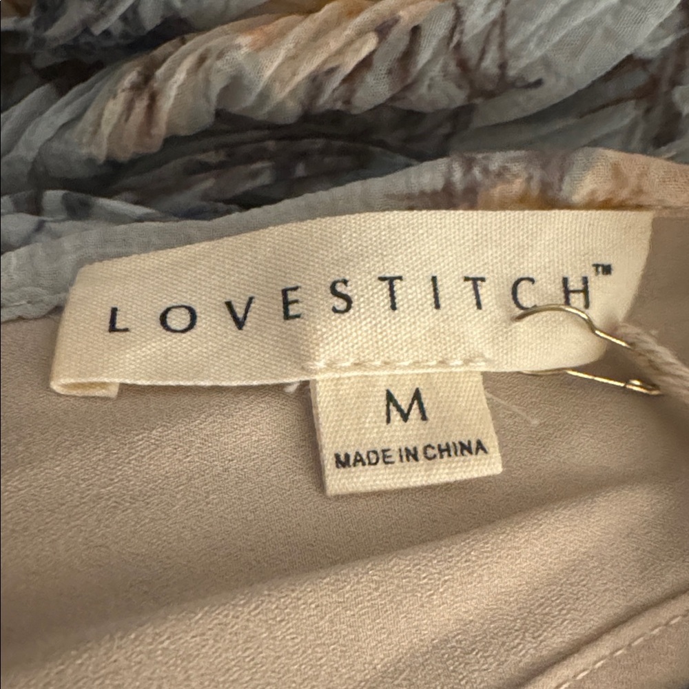 LOVESTITCH Floral Mini Dress V Neck Back Ruched Waist Garden Party Blue Pink M - Picture 7 of 8